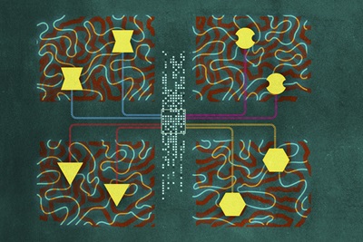 An abstract illustration in four section shows in each section, various squiggly lines that resemble the curvature of structures in the brain, joined together by straight lines and right angles that represent electrodes and wires connecting them.